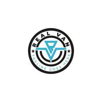 logo emblema moderno per la società di conversione di furgoni costruito con lettere iniziali astratte r e v logo in colore nero e blu adatto anche per il marchio o l'azienda che ha il nome iniziale rv o vr vettore