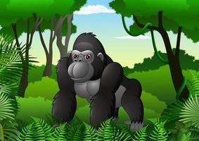 cartone animato gorilla nella fitta foresta pluviale vettore