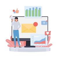 la donna sta con il megafono davanti al monitor e all'icona di marketing intorno all'illustrazione per l'email marketing vettore