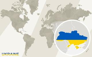 ingrandisci la mappa e la bandiera dell'ucraina. mappa del mondo. vettore