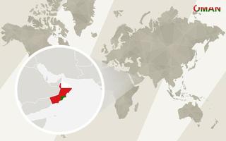 ingrandisci la mappa e la bandiera dell'oman. mappa del mondo. vettore