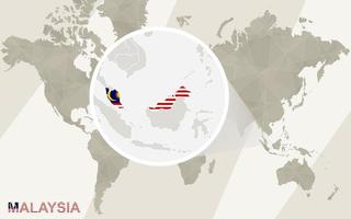 ingrandisci la mappa e la bandiera della Malesia. mappa del mondo. vettore