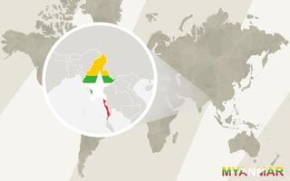 ingrandisci la mappa e la bandiera del Myanmar. mappa del mondo. vettore