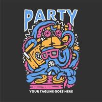 t-shirt design party con polpo che gioca giradischi con sfondo grigio illustrazione vintage vettore
