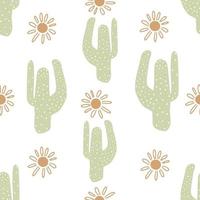 carino cactus e sole senza cuciture sullo sfondo del modello. trama ripetuta di cactus del deserto disegnati a mano. stampa estiva per bambini vettore