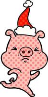 illustrazione in stile fumetto di un maiale infastidito che corre indossando il cappello di Babbo Natale vettore