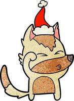 cartone animato testurizzato di un lupo imbronciato che indossa il cappello di Babbo Natale vettore