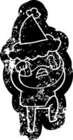 icona angosciata del fumetto di un uomo barbuto che piange e timbra il piede indossando il cappello di Babbo Natale vettore