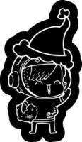 icona del fumetto di una ragazza spaziale felice che tiene la roccia della luna che indossa il cappello di Babbo Natale vettore