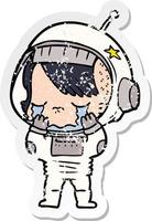adesivo angosciato di una ragazza astronauta che piange cartone animato vettore