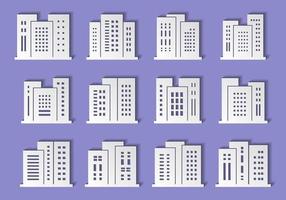 collezione di taglio della carta da costruzione impostata su sfondo viola, design moderno di origami di architettura