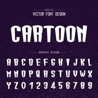 vettore di carattere e alfabeto dei cartoni animati, design di lettere e numeri di carattere alto, testo grafico su sfondo grunge