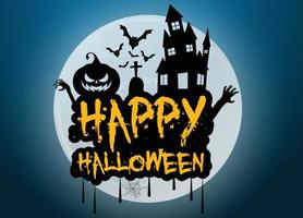 modello vettoriale di saluto di halloween 2020, scritta di halloween felice con elemento zucca e castello isolato su sfondo bianco
