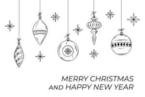 sfondo di natale e capodanno con appese semplici palle di Natale e fiocchi di neve. sfondo di vacanza vettoriale in stile doodle