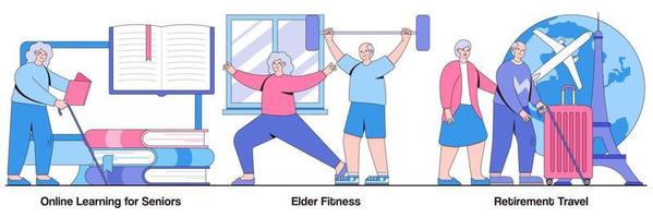 apprendimento online per anziani, fitness per anziani, viaggio in pensione con pacchetto di illustrazioni di personaggi di persone