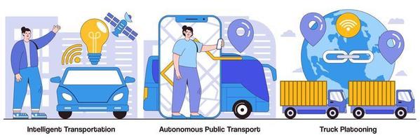 sistema di trasporto intelligente, trasporto pubblico autonomo, plotone di camion con pacchetto di illustrazioni di personaggi di persone vettore