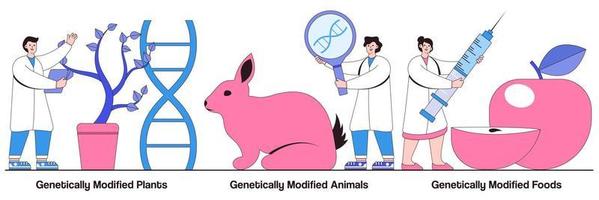 confezione illustrata di piante, animali e alimenti geneticamente modificati vettore