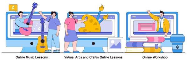 lezioni di musica online, lezioni online di arti e mestieri virtuali, concetto di laboratorio online con carattere di persone. formazione online mentre set di illustrazioni vettoriali per l'autoisolamento. masterclass gratuiti