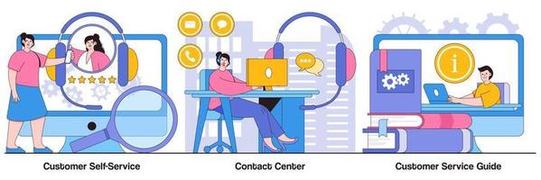 Pacchetto illustrato con guida self-service, contact center e servizio clienti vettore