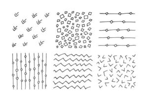 set di trame in bianco e nero disegnate a mano con punti, cerchi, semicerchi, linee e tratti tratteggiati. forme di scarabocchi disegnate a mano. macchie, gocce, curve, linee.