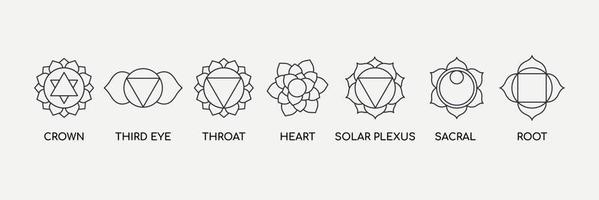 sette chakra con set di icone della linea di denominazione. centri energetici del corpo, usati nell'ayurveda e nell'induismo. yoga, simbolo del buddismo... illustrazione vettoriale
