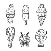 collezione disegnata a mano di gelato in stile doodle. illustrazione vettoriale in stile schizzo per menu bar, biglietti, decorazioni per biglietti di compleanno.