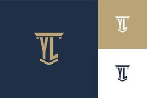 design del logo delle iniziali del monogramma yl con l'icona del pilastro. disegno del logo di legge legale vettore