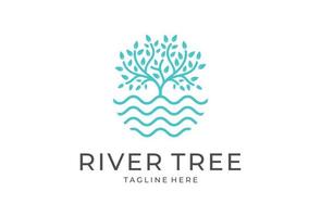 icona del logo del lago dell'albero, modello vettoriale di progettazione della forma del cerchio del logo dell'albero del fiume