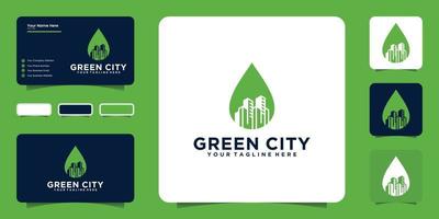 ispirazione per il design del logo della città verde con foglie ed edifici e ispirazione per biglietti da visita vettore