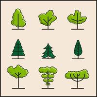 set di icone di alberi lineari. collezione di segni lineari di alberi di foresta, parco e giardino. semplici simboli geometrici del contorno dell'albero per l'entourage. vettore