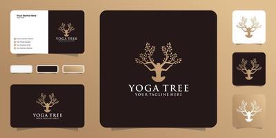 logo di una donna in una posa yoga, fusa in un albero in crescita e un biglietto da visita vettore