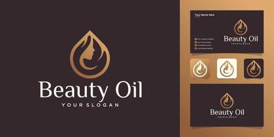 design del logo dell'olio di bellezza della donna con viso di donna e modello di progettazione dell'olio d'oliva e biglietto da visita vettore