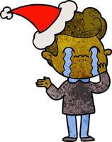 cartone animato strutturato di un uomo che piange indossando il cappello di Babbo Natale vettore