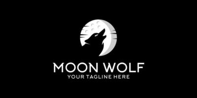 ispirazione per il design del logo della siluetta del lupo di notte e la luna vettore