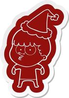 adesivo cartone animato di un ragazzo curioso che indossa il cappello di Babbo Natale vettore