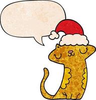 simpatico gatto cartone animato con cappello natalizio e nuvoletta in stile retrò vettore