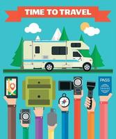 tempo di viaggiare moderno design piatto con camper, rimorchio, vacanze estive vettore
