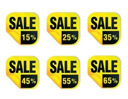 set di icone di adesivi gialli di vendita. vendita 15, 25, 35, 45, 55, 65 percento di sconto vettore