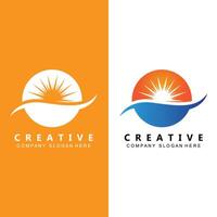 disegno del logo del fiume e del sole, illustrazione del paesaggio naturale, vettore del marchio aziendale