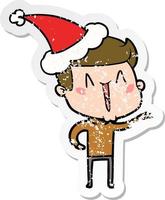 cartone animato adesivo in difficoltà di un uomo eccitato che indossa il cappello di Babbo Natale vettore