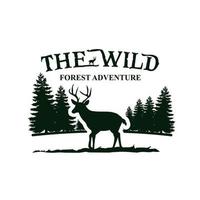disegno del logo dei cervi. illustrazione di avventura nella foresta vettore