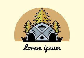 disegno del distintivo dell'illustrazione dei pini e della tenda della grande famiglia vettore