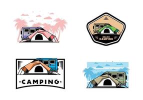 disegno dell'illustrazione dell'automobile del furgone e della tenda da campeggio vettore
