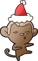 cartone animato sfumato di una scimmia sospetta che indossa il cappello di Babbo Natale vettore