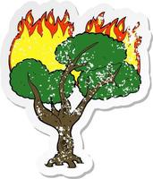 adesivo angosciato retrò di un albero in fiamme cartone animato vettore