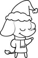 disegno a tratteggio di un elefante sorridente che indossa una sciarpa che indossa un cappello da Babbo Natale vettore