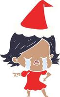 illustrazione a colori piatta di una ragazza che piange e punta con indosso un cappello da Babbo Natale vettore