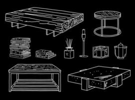 vettore di mobili con tavolo, libro e candela. dettagli e decorazioni per interni industriali. illustrazione dello schizzo della linea.