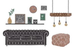 illustrazione piatta della stanza interna. schizzo vettoriale con divano grigio, pouf, lampada, cornice. interni in stile loft.