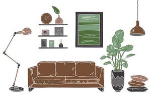 interni in stile industriale. appartamento soggiorno con divano marrone, lampada, vaso, piante per la casa, cuscini, cornici. vettore